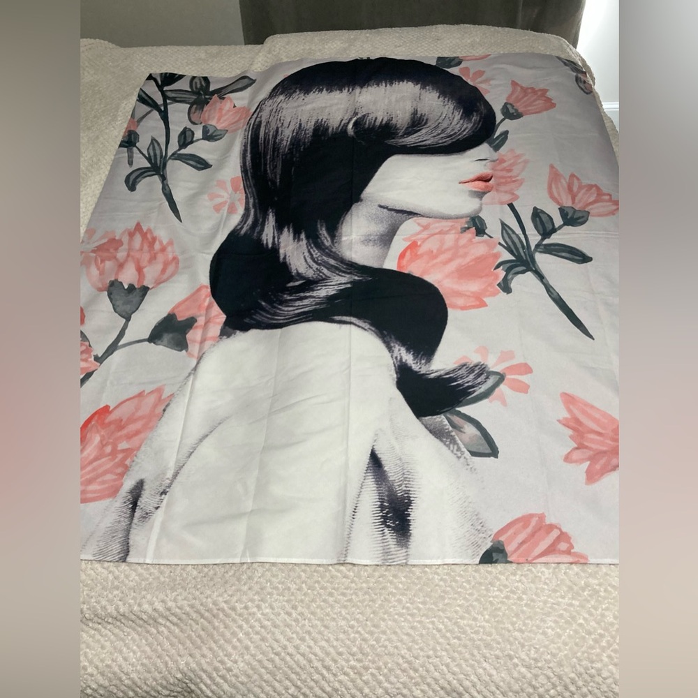 Society6 Tapestry Woman With Flowers Pink Black White Photograph Wall Hanging - Picture 2 of 6